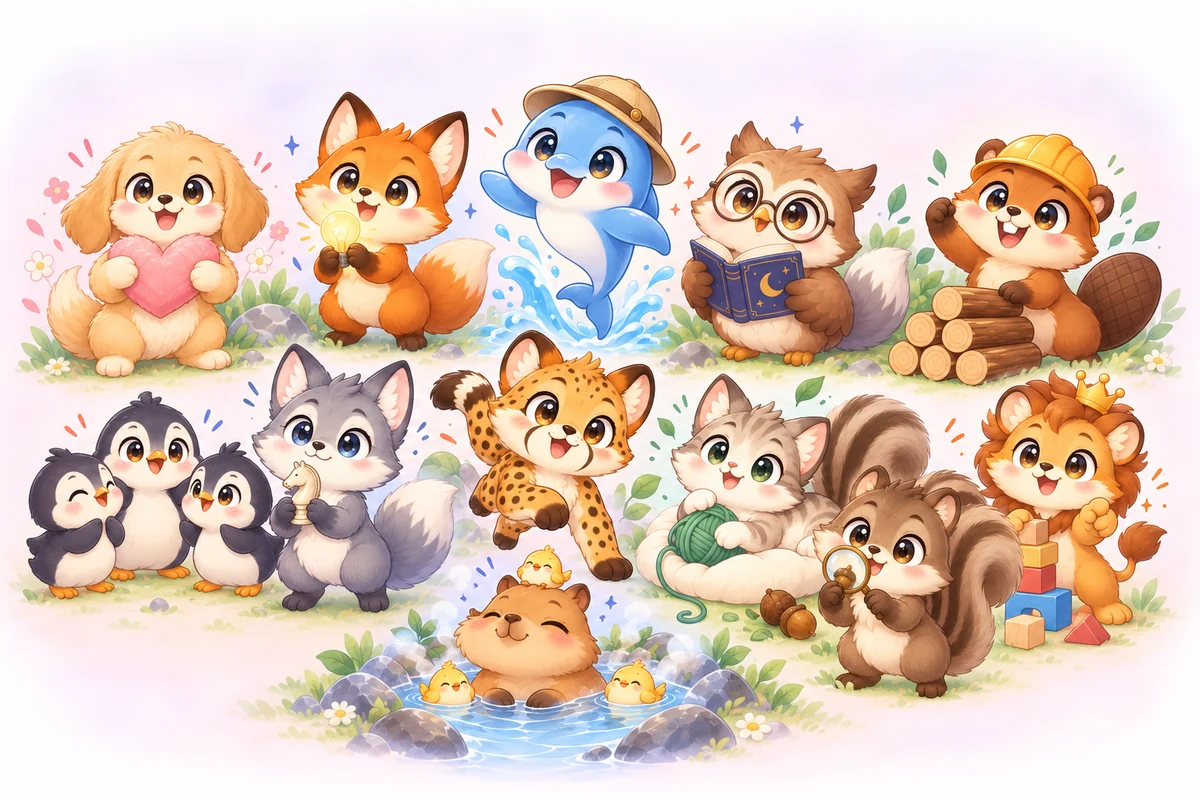 キツネ、イルカ、フクロウ、ライオンなど12匹のどうぶつが並んだイラスト