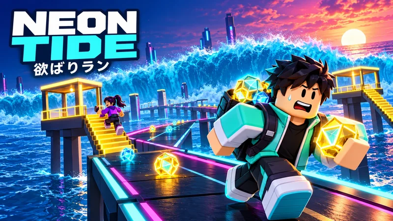 「NEON TIDE 欲ばりラン」のタイトル画像。夕焼けのネオンの海に架かる光る桟橋を、光るコアを抱えたRobloxのキャラクターが焦った顔で走っている。背後には巨大な津波が迫り、左奥では別のプレイヤーが黄色く光る高台の階段を駆け上がっている。左上に白と水色の「NEON TIDE」のロゴ。