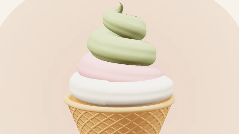 ワッフルコーンの上に、いちご・ミルク・抹茶の3色のソフトクリームがらせん状に巻かれている。背景は淡いベージュ。