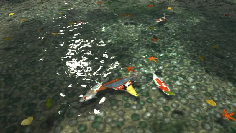 斜めから見下ろした池の水面。小石の敷かれた底が透けて見え、太陽のきらめきが帯になって映る水の中で、紅白や黄金、浅黄などの鯉がエサに集まっている。水面には赤いモミジや黄色いイチョウの葉が浮かんでいる。